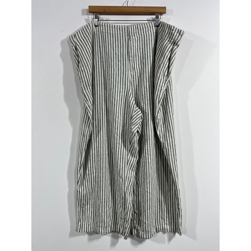 LC Fisherman Beachy Coastal Green White Striped Linen Wide Leg Pants 24W Short